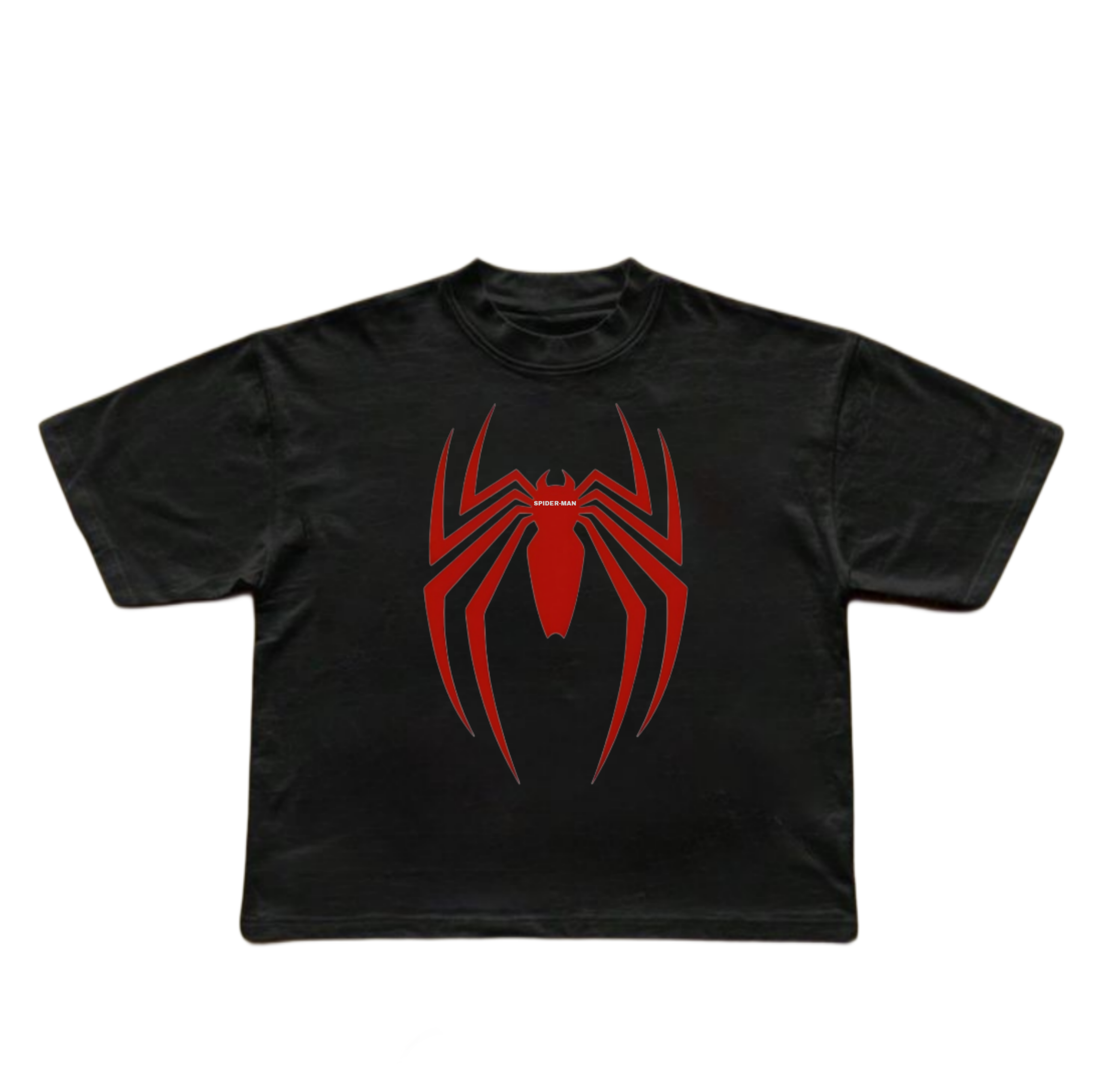 A black short-sleeve crop top t-shirt featuring a large red spider logo graphic on the front, displayed flat against a solid white background.
